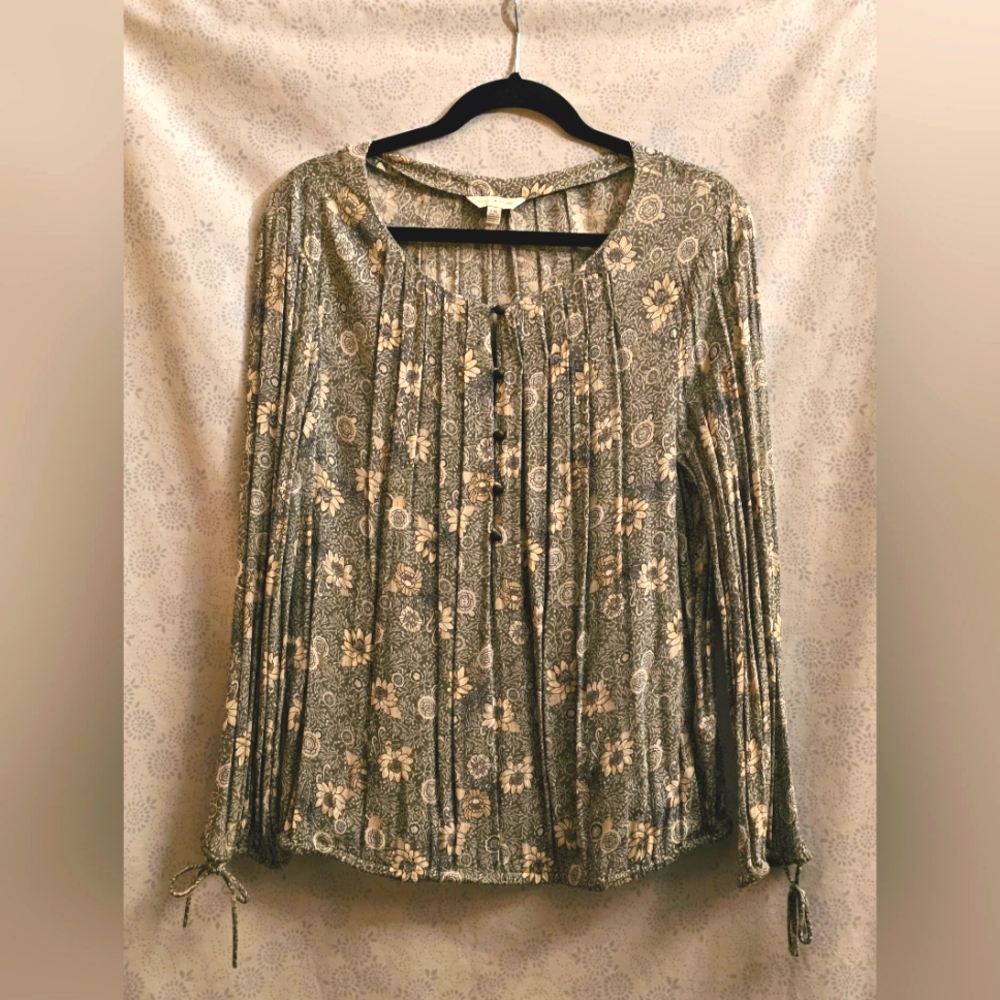 Lucky Brand Floral Peasant Blouse Boho Gray Green Ivory Top Women's Large